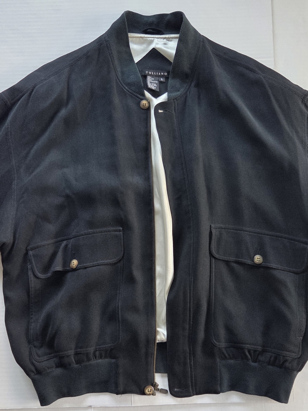 Tulliano Men's 100% SILK SHELL Black Bomber Jacket with Flap Pockets